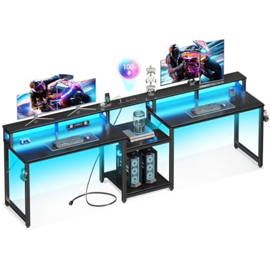 Dual Monitor Desk Setup - 2人用ゲーミングデスク、長さ98インチ、LEDライト付き、人工木材製、ブラック、ケーブル管理機能を備えた広々としたデュアルモニター設置スペース