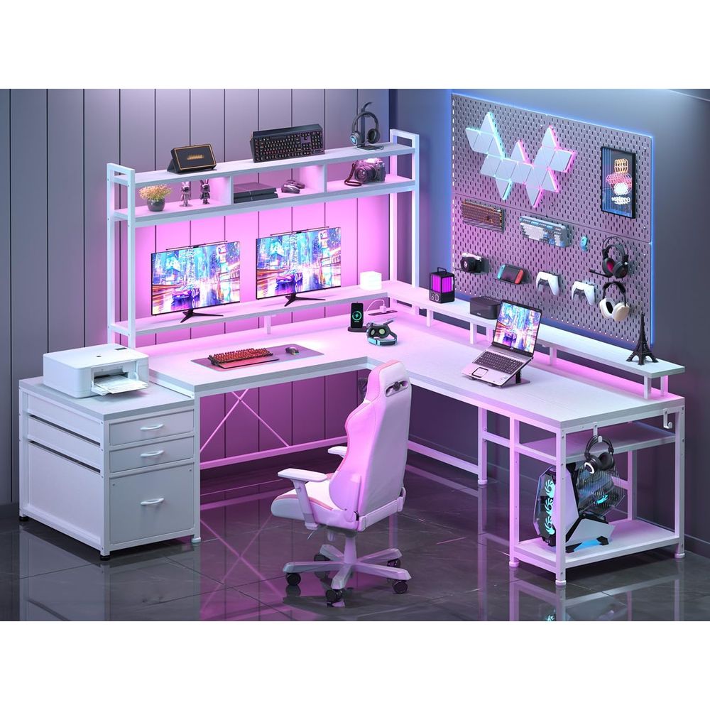 Dual Monitor Desk Setup - 104インチL字型デスク、2人用ホームオフィス向け、4つのサイズ変更可能、4つのAC+2つのUSBポート、マルチモニターセットアップ対応