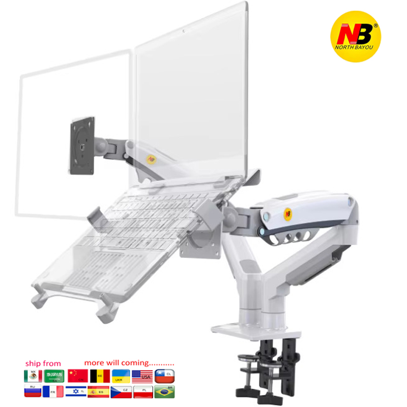 Dual Monitor Desk Setup - デスクトップNB F160 + FP-2 ガススプリングデュアルアーム（17インチ～27インチモニターホルダー用）+ 10インチ～17インチノートパソコン対応エアプレッシャーマウントスタンド（耐荷重2～9kg）