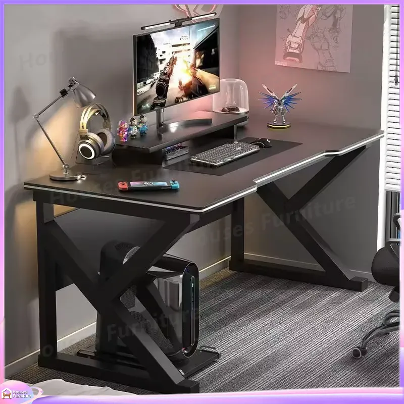 Desk Setup In Office - カフェメタルゲーミングデスクブラックMDFコンピューターテーブルPCセットアップ用人間工学に基づいたオフィスデスク、ケーブル管理機能付き