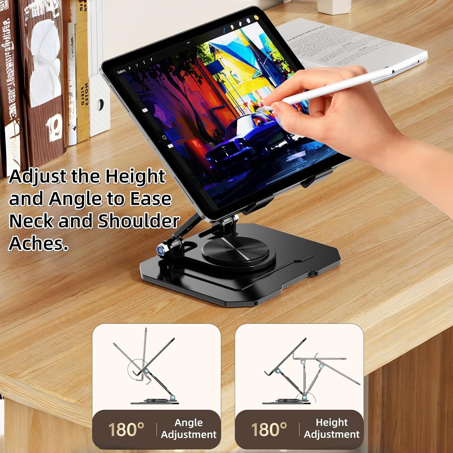 Dual Monitor Desk Setup - 調整可能で回転可能なデュアルロッドカーボンスチール製デスクトップタブレットホルダー、4.7～16.5インチのiPadタブレット、ポータブルモニター、Kindleに適しています。