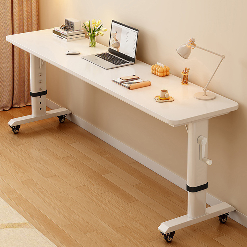 Desk Setup Laptop - 調節可能なオーバーベッドラップトップデスク、ハンドクランク付き、寝室用家具用の車輪付き無垢材ローリングコンピューターテーブル