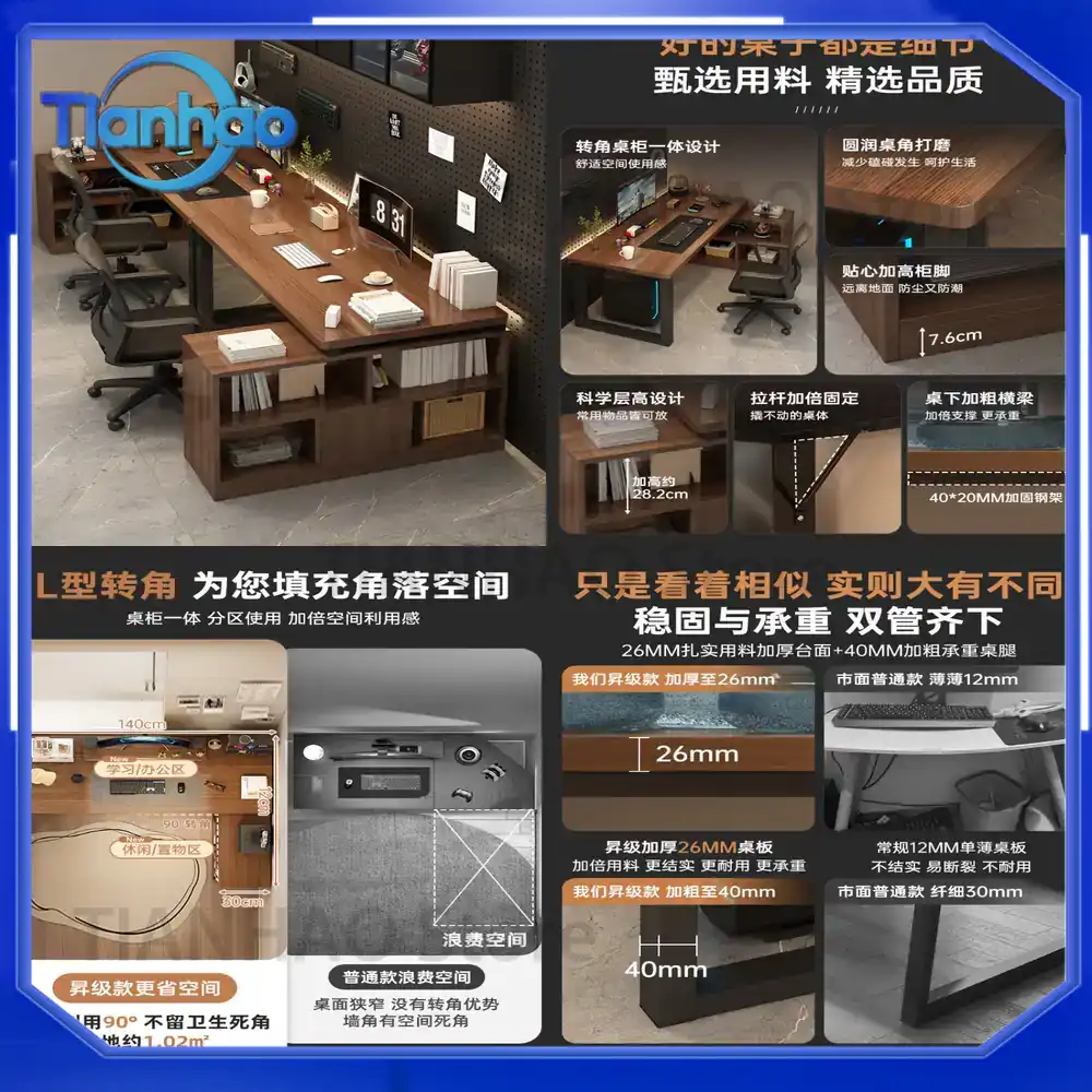 Dual Monitor Desk Setup - L字型ゲーミングデスク、デュアルモニター対応、本棚付き、ホームオフィスワークステーション兼用、2人用コーナーデスク