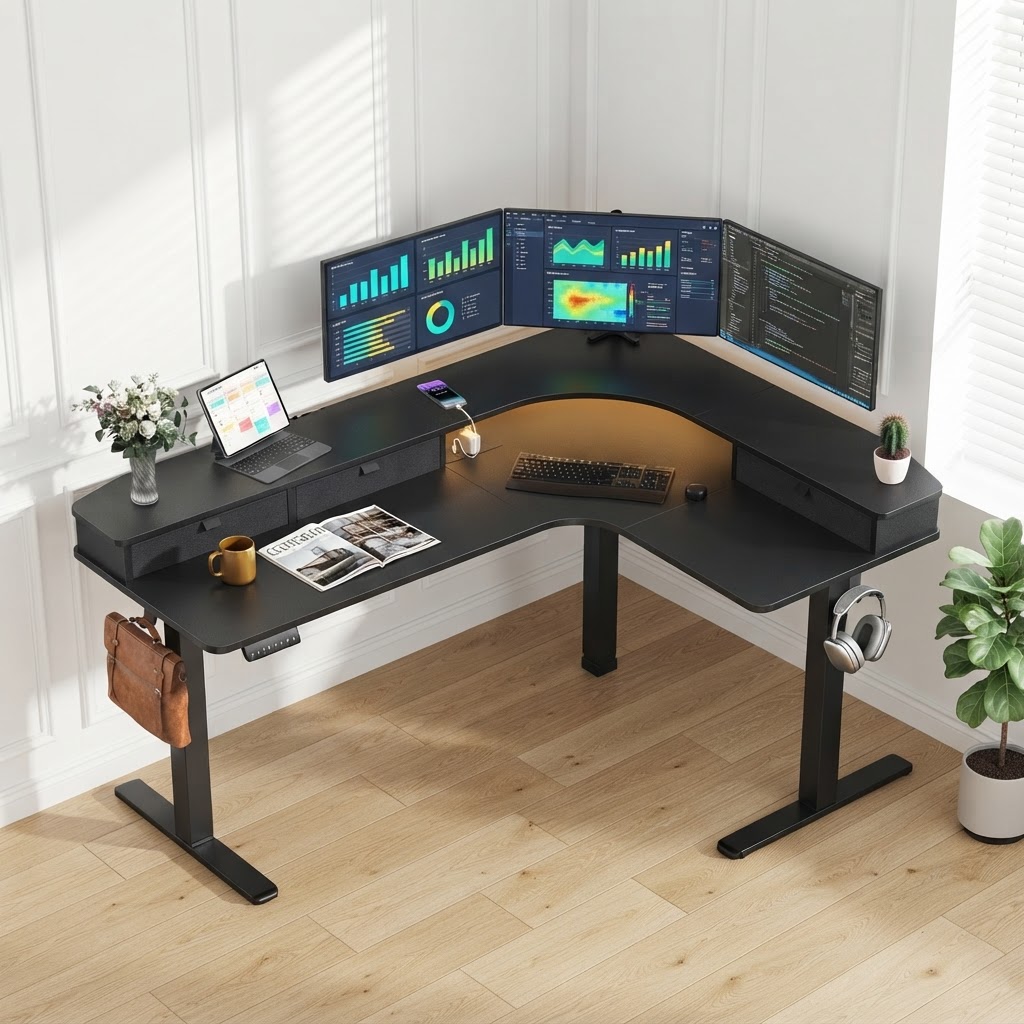 Dual Monitor Desk Setup - 65インチL字型電動昇降デスク、3つの引き出し付き、座り・立ち両用高さ調整可能なワークステーション、4つのメモリープリセット、内蔵電源タップ（USB-A＆Type-C）、LEDライト付きモニターライザー、ケーブル管理トレイ、デュアルモーター220ポンド耐荷重のコーナーデスク