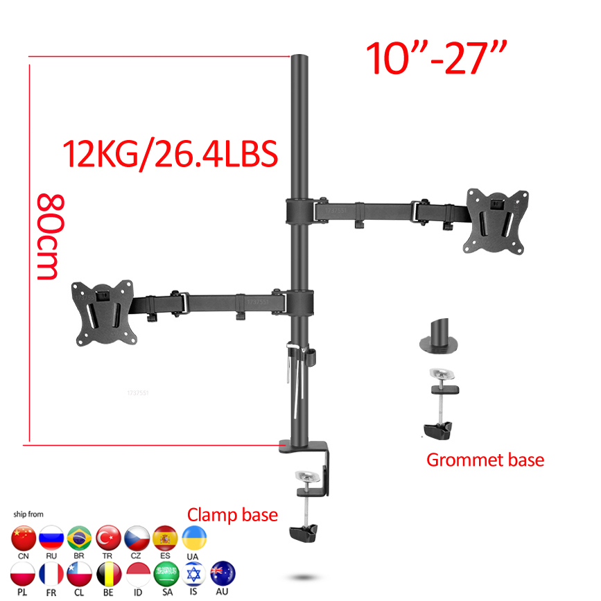 Dual Monitor Desk Setup - (80cm) DL-T902-280II フルモーションデュアルモニターデスクトップスタンドホルダー 10'-27' クランプグロメットホールベース PC