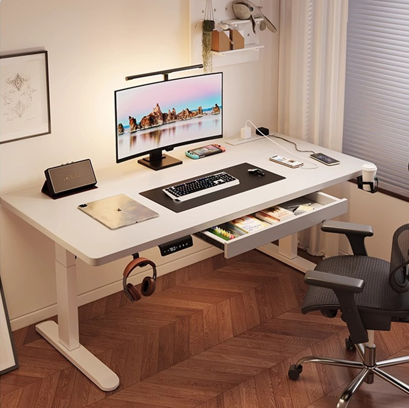 Dual Monitor Desk Setup - モダンな鉄製デュアルモーター電動スタンディングデスク、高さ調節可能な人間工学に基づいたデザイン、自宅/寝室オフィスでのデュアルモニターセットアップに最適