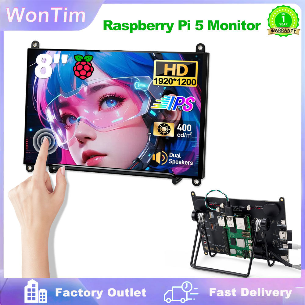 Dual Monitor Desk Setup - WonTim 8インチタッチスクリーンモニター Raspberry Pi5用、IPS LCD 1920X1200