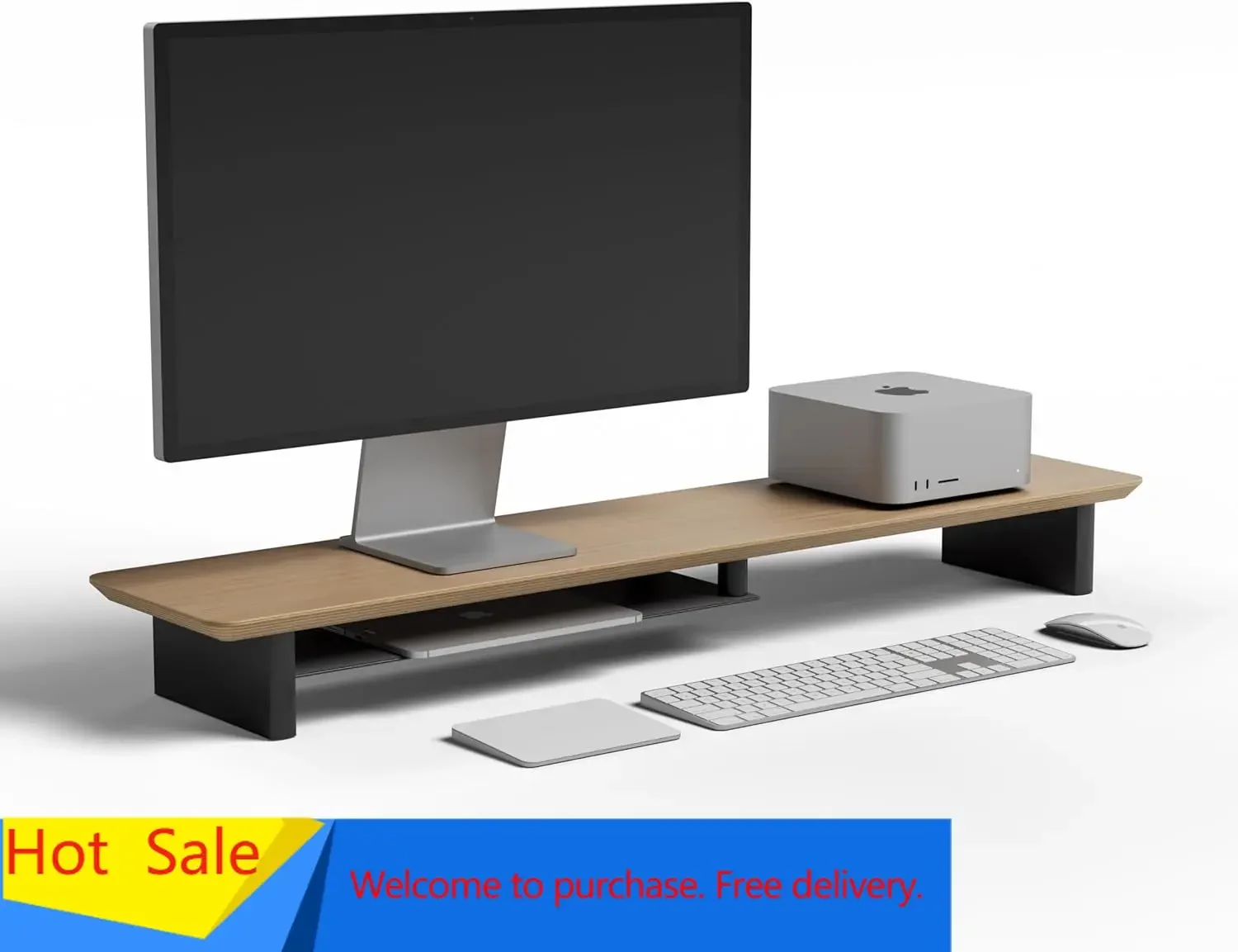 Dual Monitor Desk Setup - ホワイトオーク製二段式人間工学に基づいたデスクセットアップ – モダンな木製モニタースタンド＆ワークスペースライザー、ホームオフィス＆ミニマリストの美的感覚（Wh）