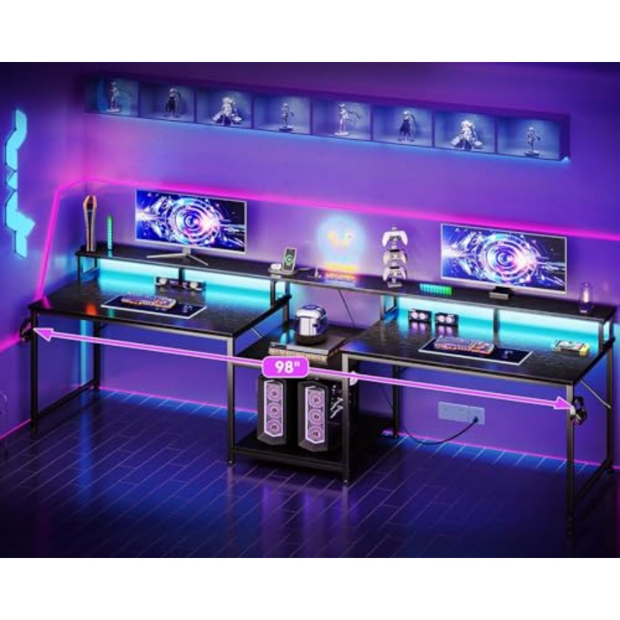 2人用ゲーミングデスク、長さ98インチ、LEDライト付き、人 - Dual Monitor Desk Setup のレビューと価格
