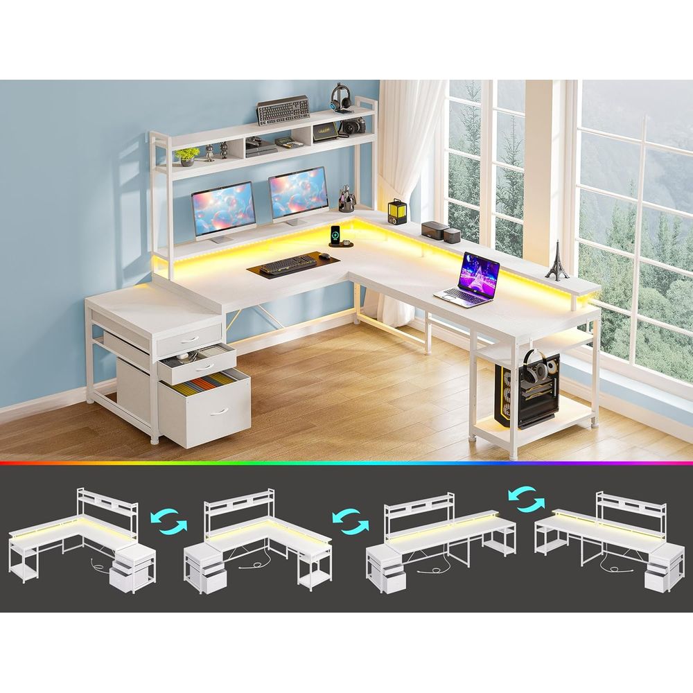 104インチL字型デスク、2人用ホームオフィス向け、4つのサ - Dual Monitor Desk Setup のレビューと価格