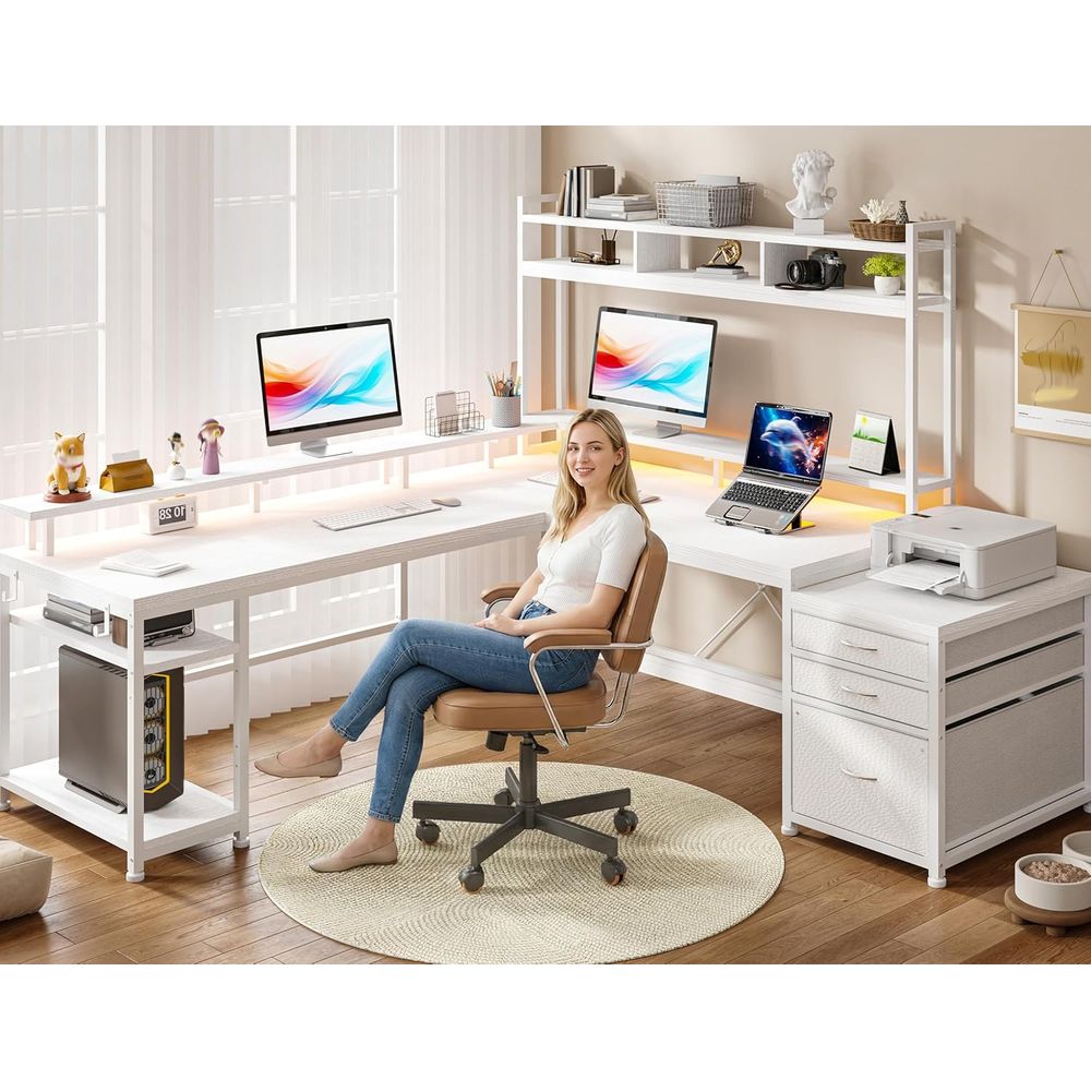104インチL字型デスク、2人用ホームオフィス向け、4つのサ - Dual Monitor Desk Setup のレビューと価格