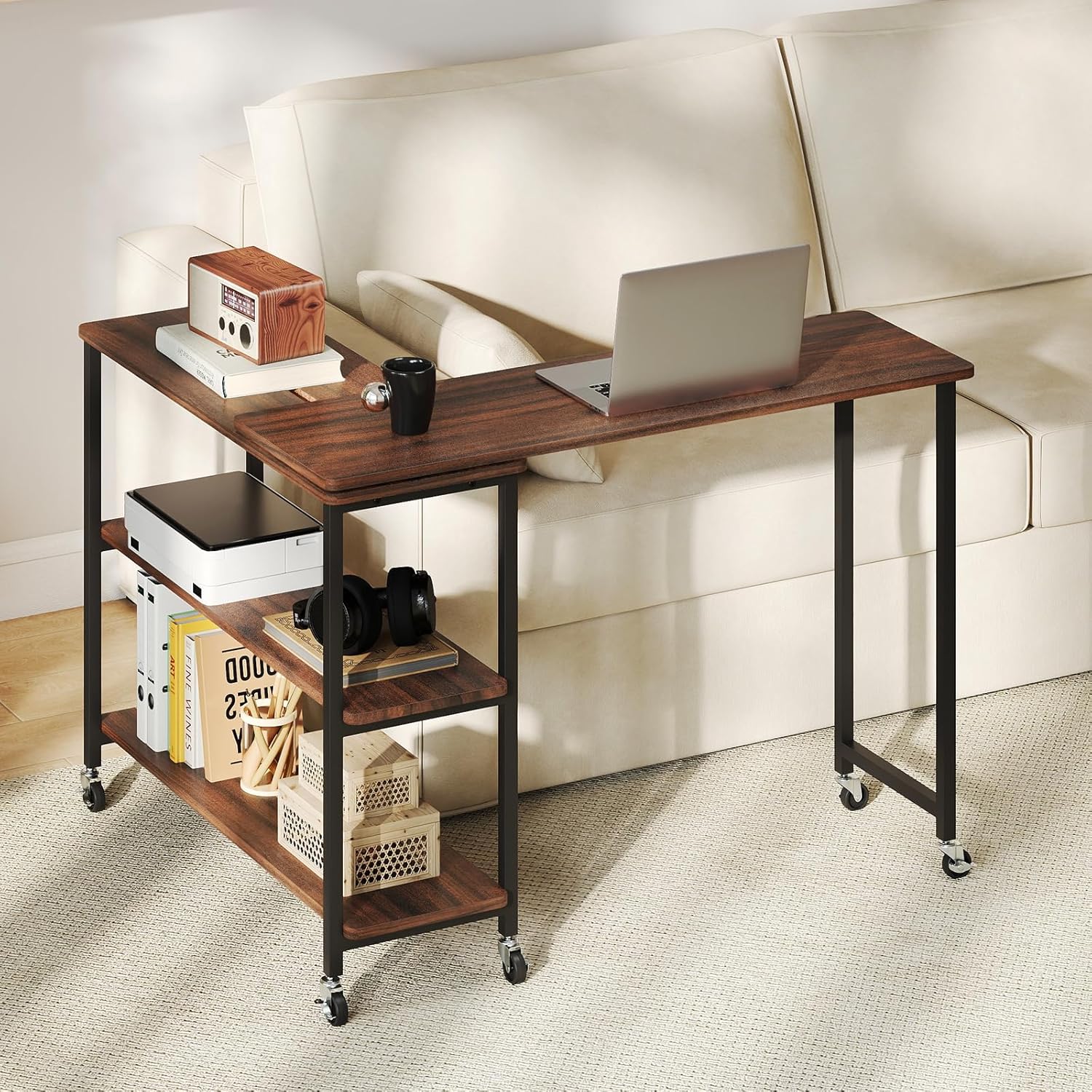 360 °   回転式サイドテーブル、2段棚と6つのキャスタ - Desk Setup Laptop のレビューと価格