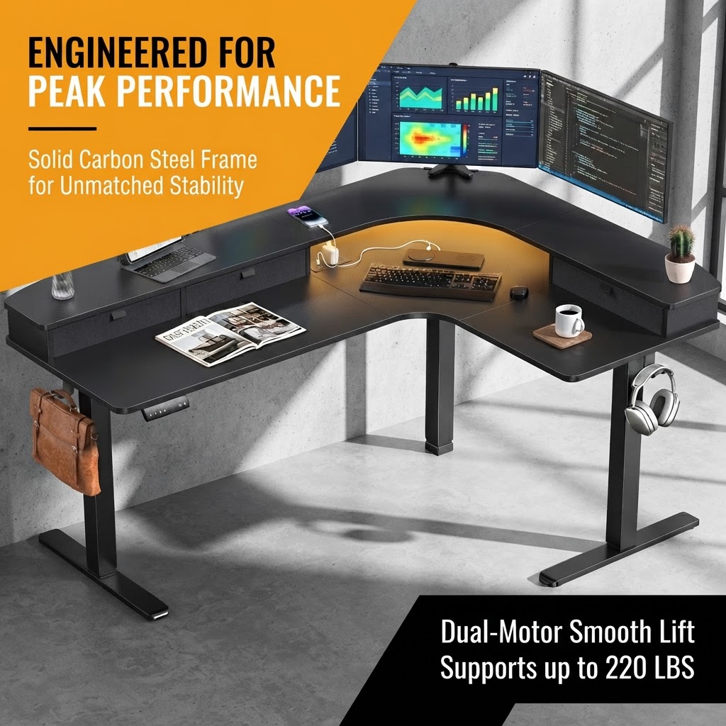 65インチL字型電動昇降デスク、3つの引き出し付き、座り・立 - Dual Monitor Desk Setup のレビューと価格