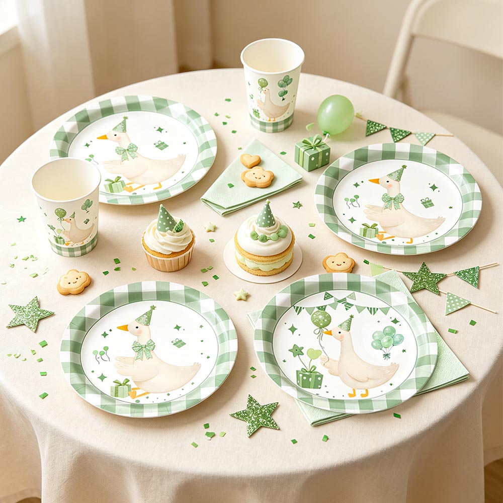 かわいい白いアヒル緑の格子縞使い捨てパーティー食器紙皿カップ - Desk Setup Green のレビューと価格