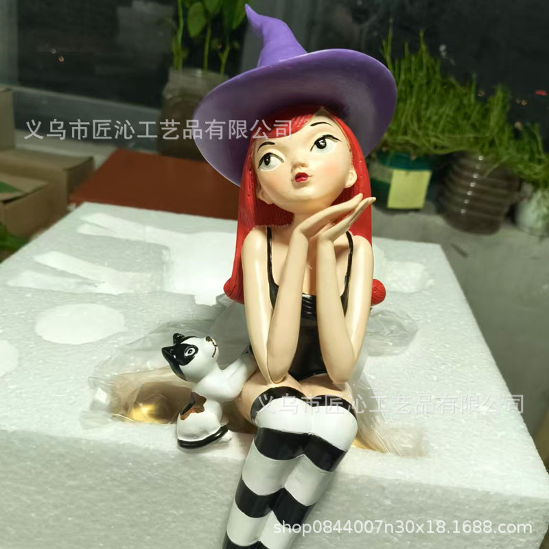 ハロウィン魔女フィギュア、本棚に座る姿、装飾用緑髪黒猫、樹脂 - Desk Setup Green のレビューと価格