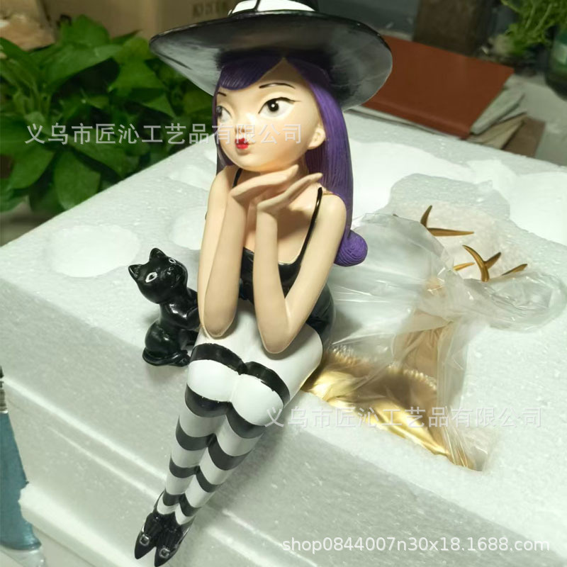ハロウィン魔女フィギュア、本棚に座る姿、装飾用緑髪黒猫、樹脂 - Desk Setup Green のレビューと価格