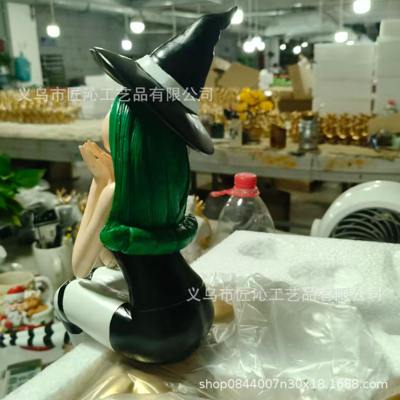ハロウィン魔女フィギュア、本棚に座る姿、装飾用緑髪黒猫、樹脂 - Desk Setup Green のレビューと価格